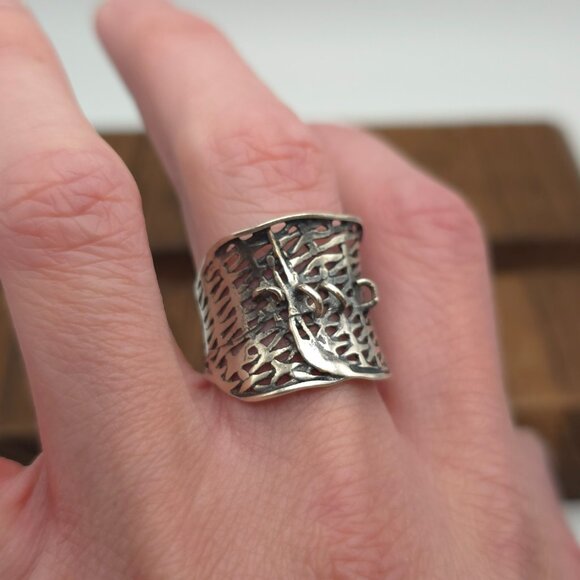 Size 9.5 925 Sterling Silver Rustic Odd Dark Style Wide Ring - Picture 3 of 7